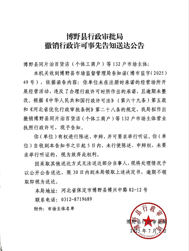 博野县行政审批局对博野县同片治百货店（个体工商户）等132户市场主体撤销行政许可事先告知送达公告